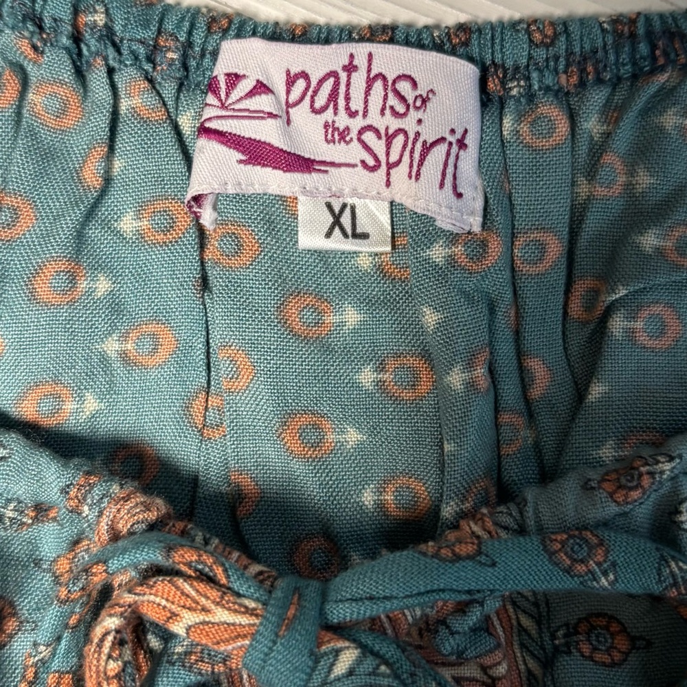 Paths Of The Spirit Teal Floral Short Puff Sleeve Ruched Front Tie Crop Top XL - Picture 4 of 5